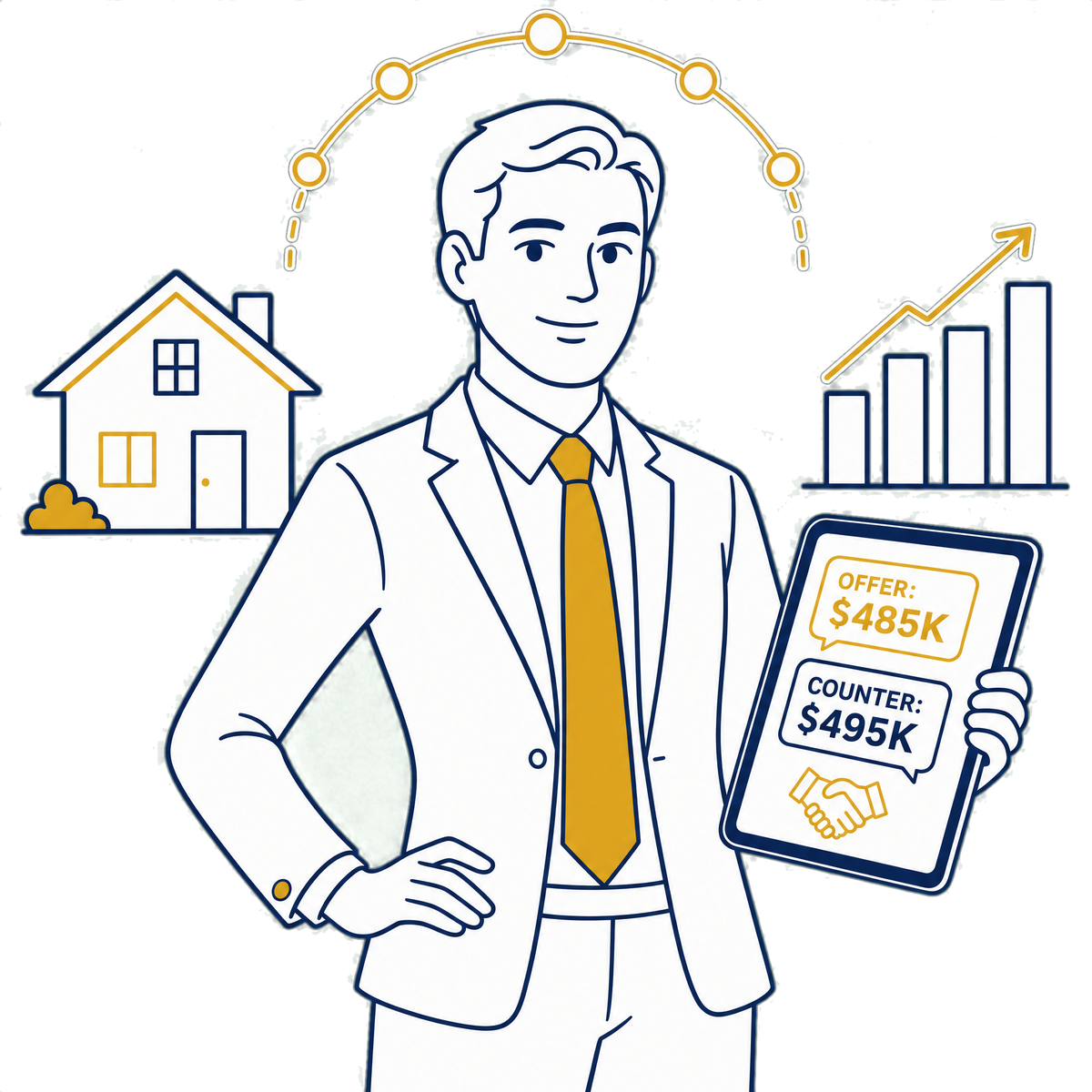A broker holding a tablet showing a negotiated offer and counter-offer with a handshake, backed by a home and a rising market chart
